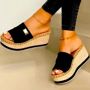 💼 Open Toe Casual Wedge Sandal Black Canvas
